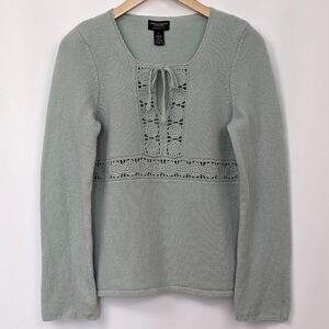 AE Vintage Crochet Detail Lambswool Sweater Tie Neck Keyhole Pastel Coquette L
